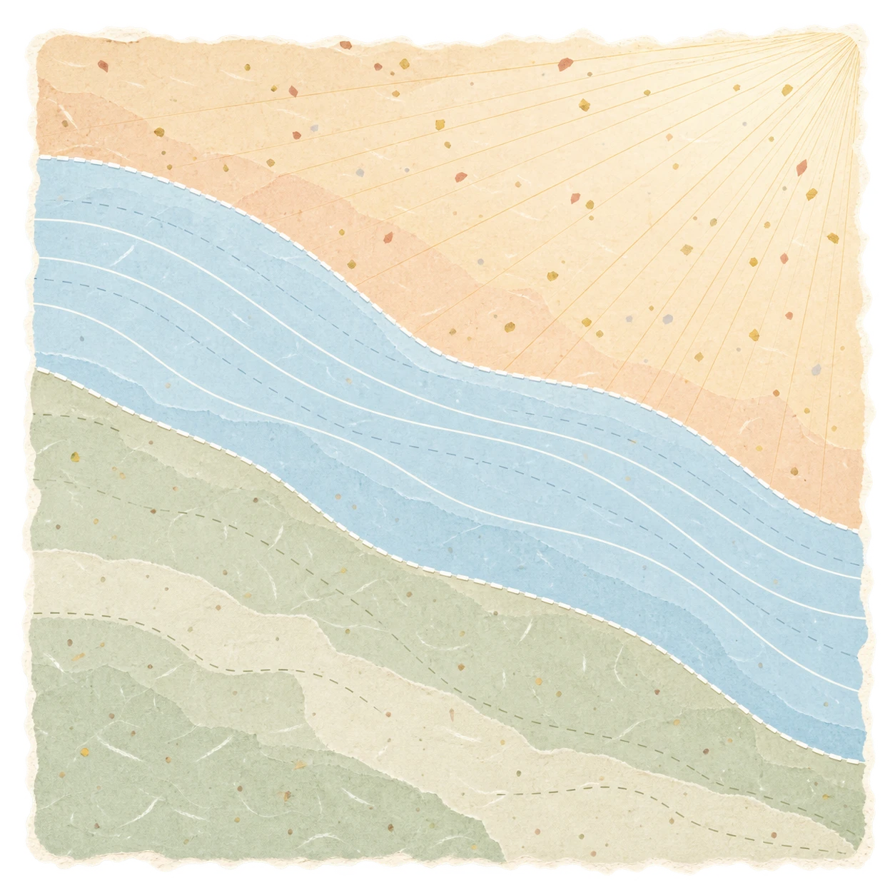 The Collective Glimmer Map board: a torn-paper collage with a blue river, warm sunrise and earthy fields