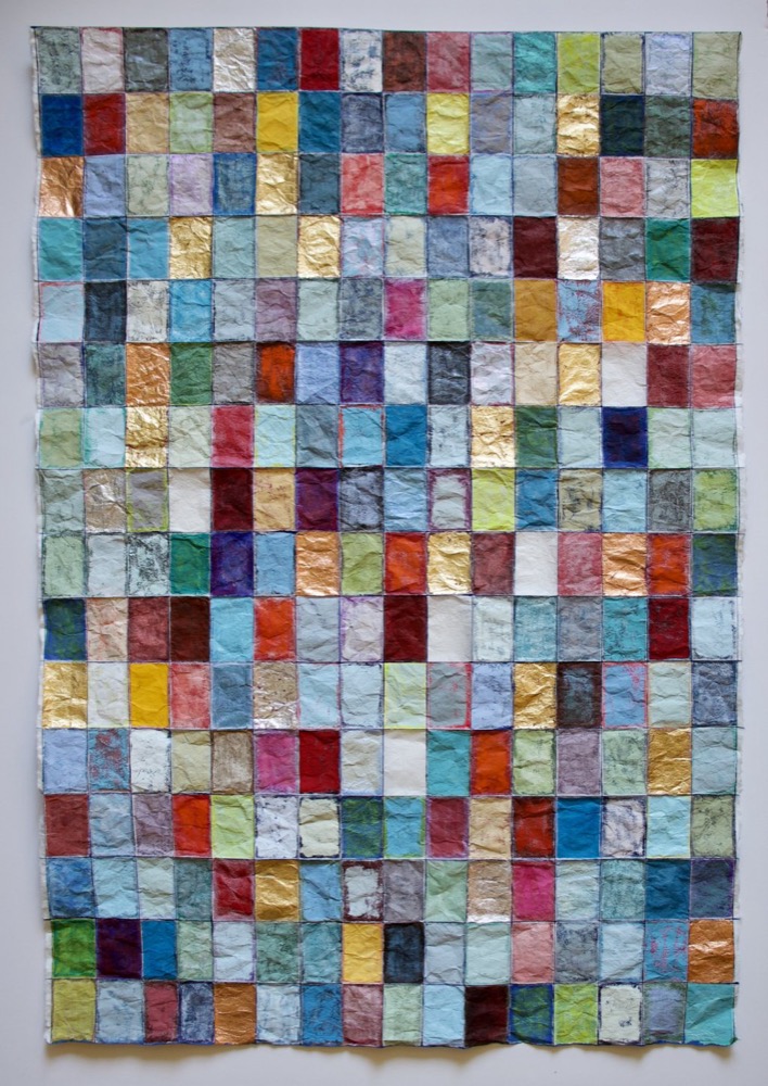 Radiate by Loree Ovens: a grid of small painted paper squares with gold, silver and copper leaf