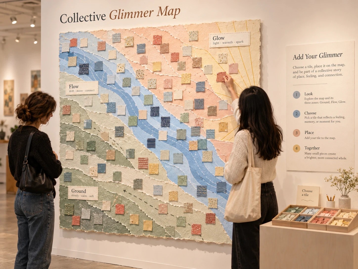 Mockup: the Collective Glimmer Map as a paper wall in Propeller Art Gallery, with visitors adding tiles
