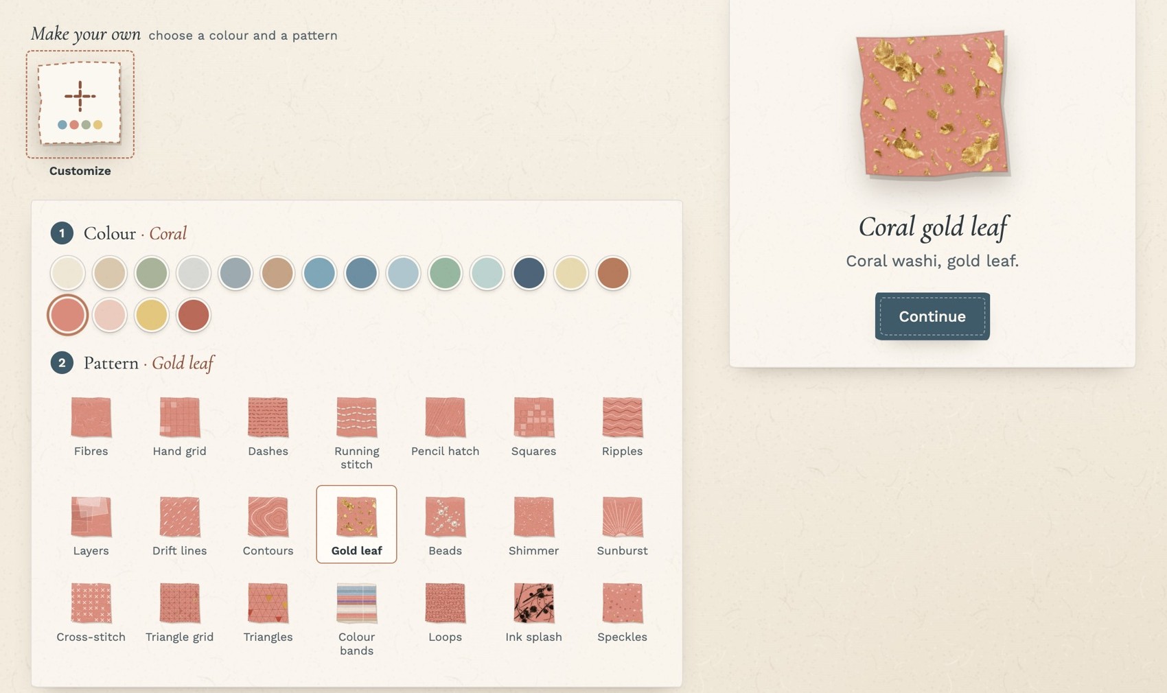 The Customize builder: choosing a colour and a pattern to make your own tile