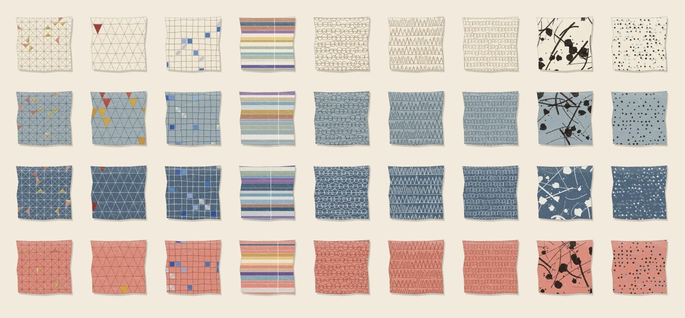 Nine patterns, each shown on four colours: triangle grid, triangles, hand grid, colour bands, loops, zigzags, dashes, ink splash and speckles