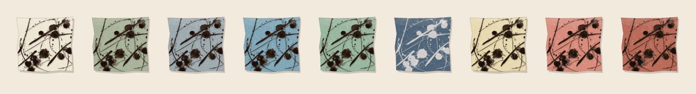 The ink splash pattern on nine colours, turning pale on the dark indigo paper