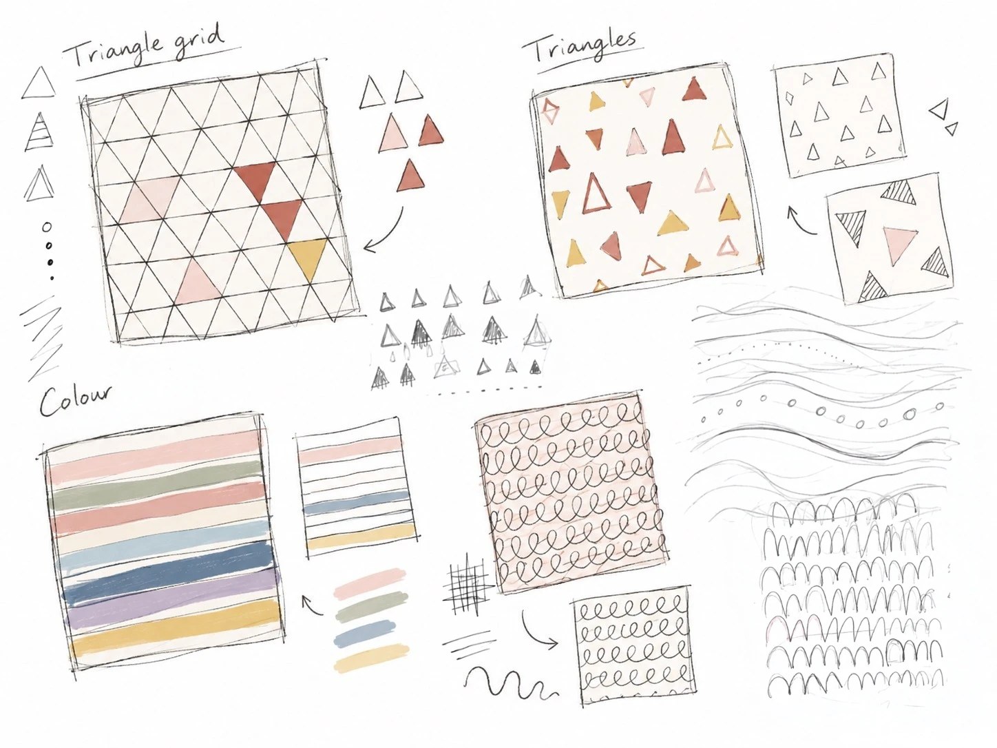 Sketches of triangle patterns, loops and soft colour stripes in pink, sage, blue and yellow